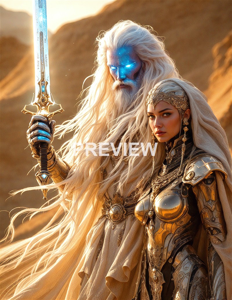 A fantasy scene featuring an elderly male character with glowing blue eyes and long white hair holding a glowing sword, alongside a young female warrior in ornate golden armor with long blonde hair, set against a desert-like background with rocky formations.